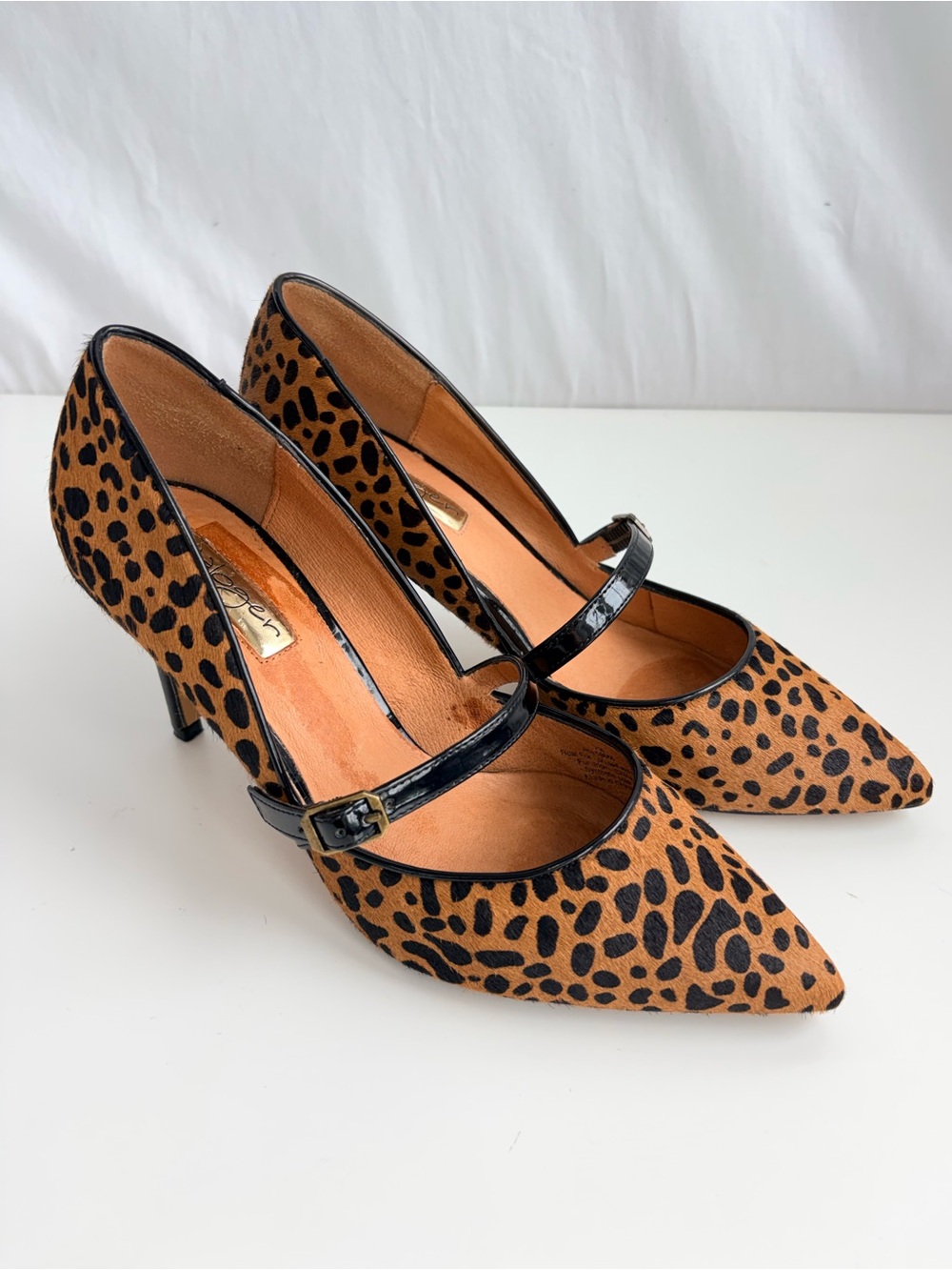Halogen Animal Leopard Mary Jane Pump Heels Black Patent Faux Leather Trim Sz 7M